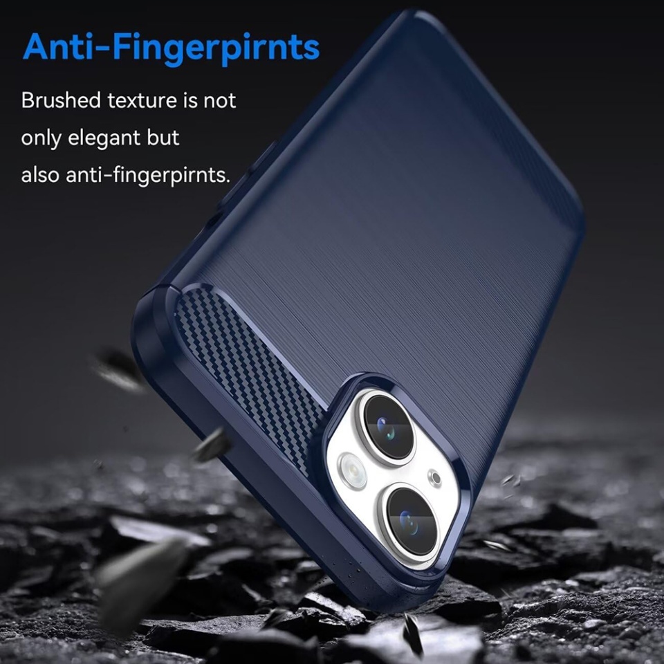 Husa pentru iPhone 15 Plus, SKYDDAR INNOVATION, Carbon Silicone, din Silicon Premium, Slim, cu textura Fibra Carbon, Albastru, set cu sticker - 2 | YEO