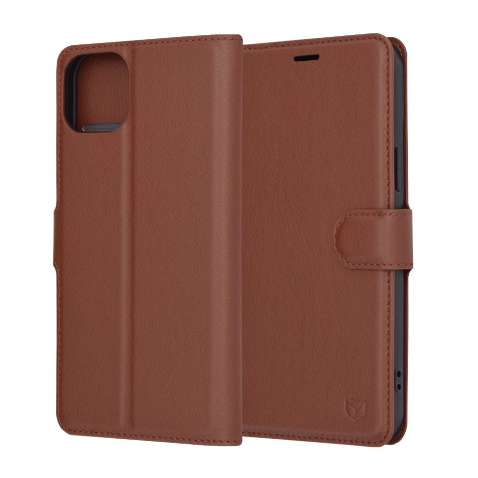 Husa pentru iPhone 15 Plus, SKYDDAR INNOVATION, Leather Folio, tip Carte, cu Portofel Interior, Finisaje Premium, Maro, set cu sticker