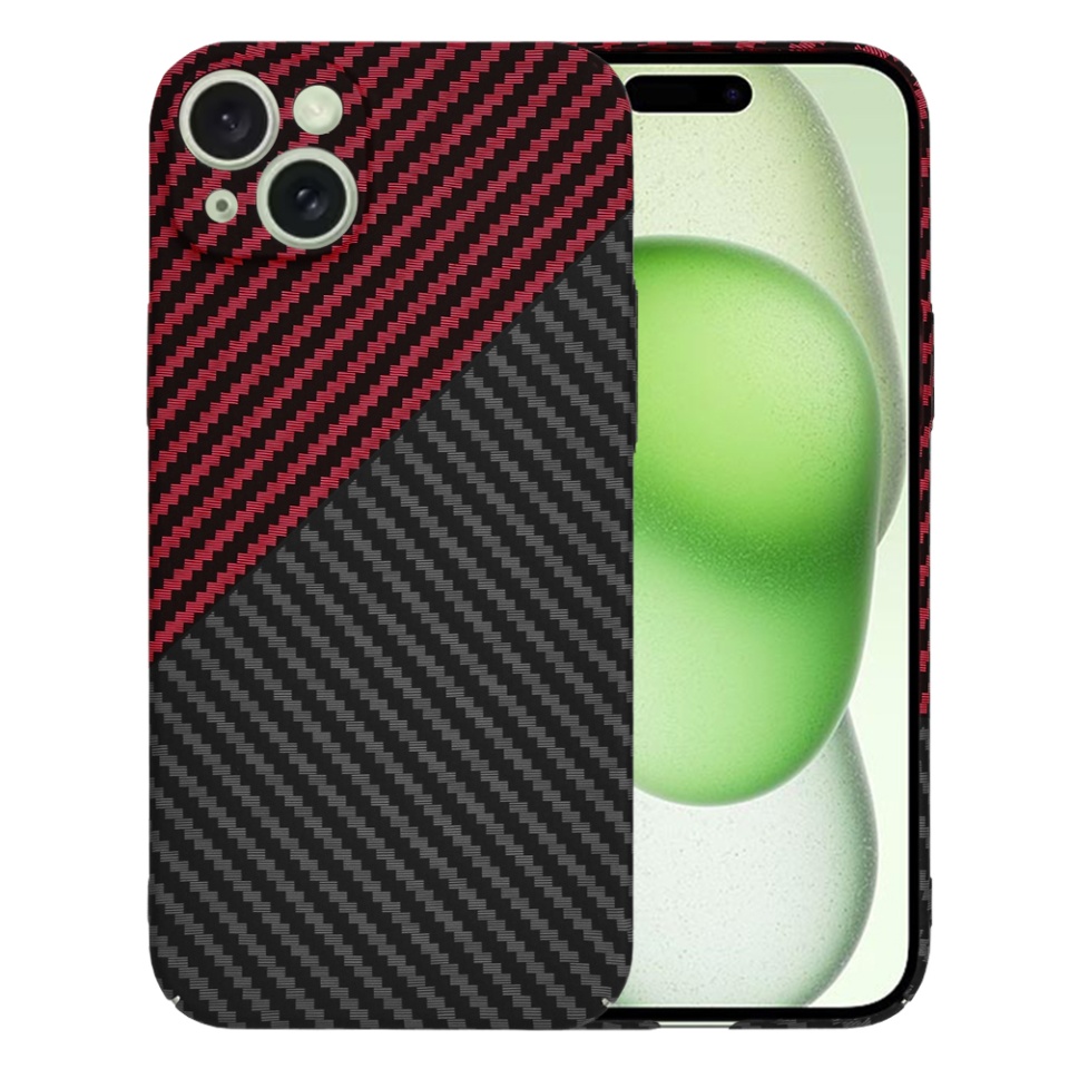 Husa pentru iPhone 15 Plus, SKYDDAR INNOVATION, textura carbon, Carbonite FiberShell, Rosu inchis, set cu sticker