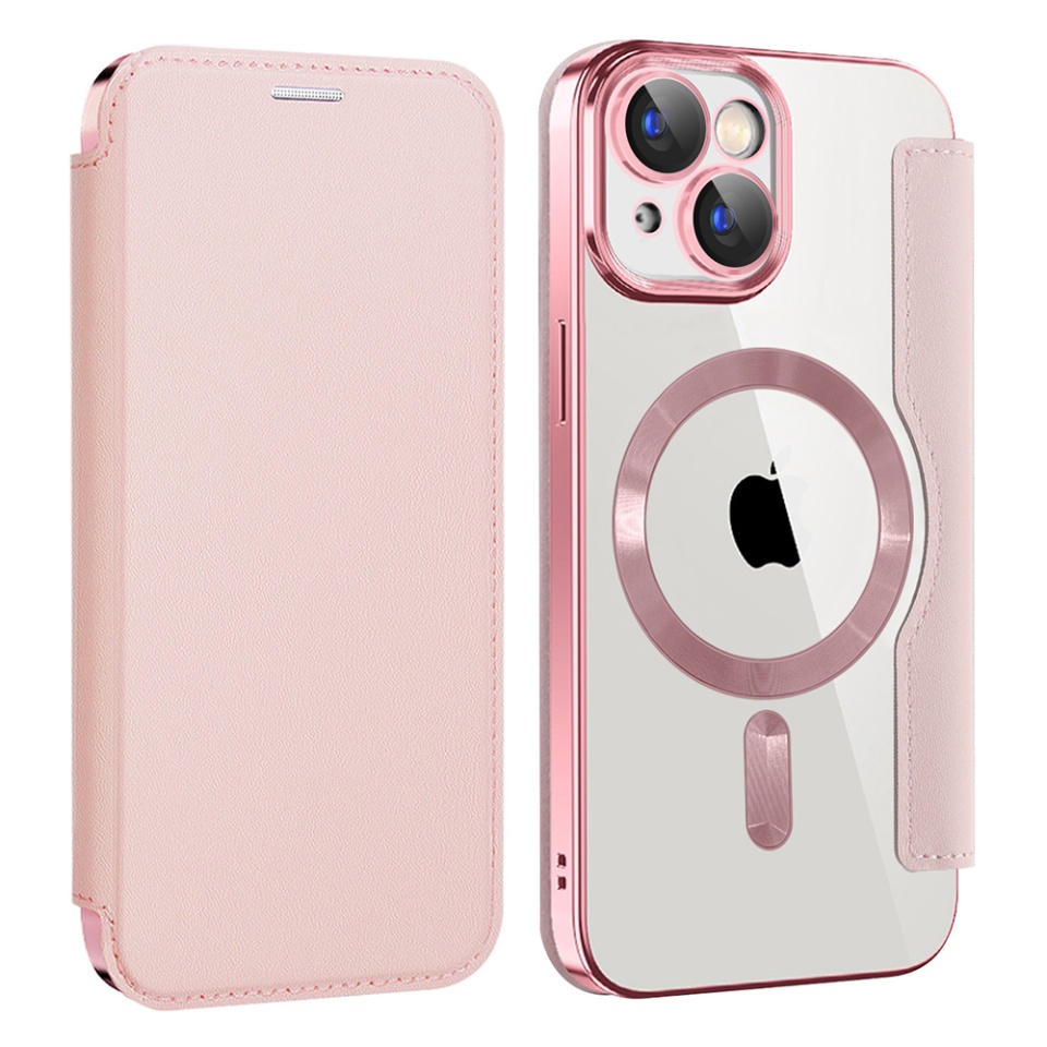 Husa pentru iPhone 15 Plus tip carte, SKYDDAR INOVATION, SmartMag Book, Magsafe, RFiD, Suport Carduri, set cu sticker, Roz - 1 | YEO