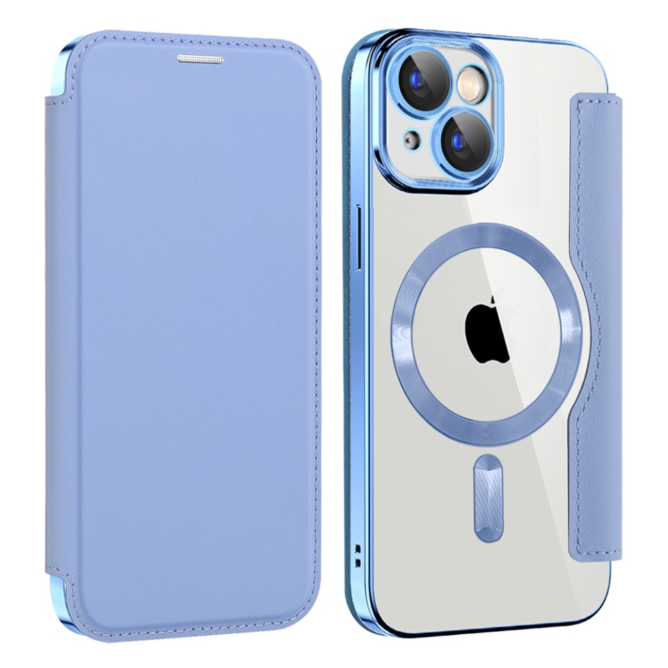 Husa pentru iPhone 15 Plus tip carte, SKYDDAR INOVATION, SmartMag Book, Magsafe, RFiD, Suport Carduri, set cu sticker, Bleu - 1 | YEO