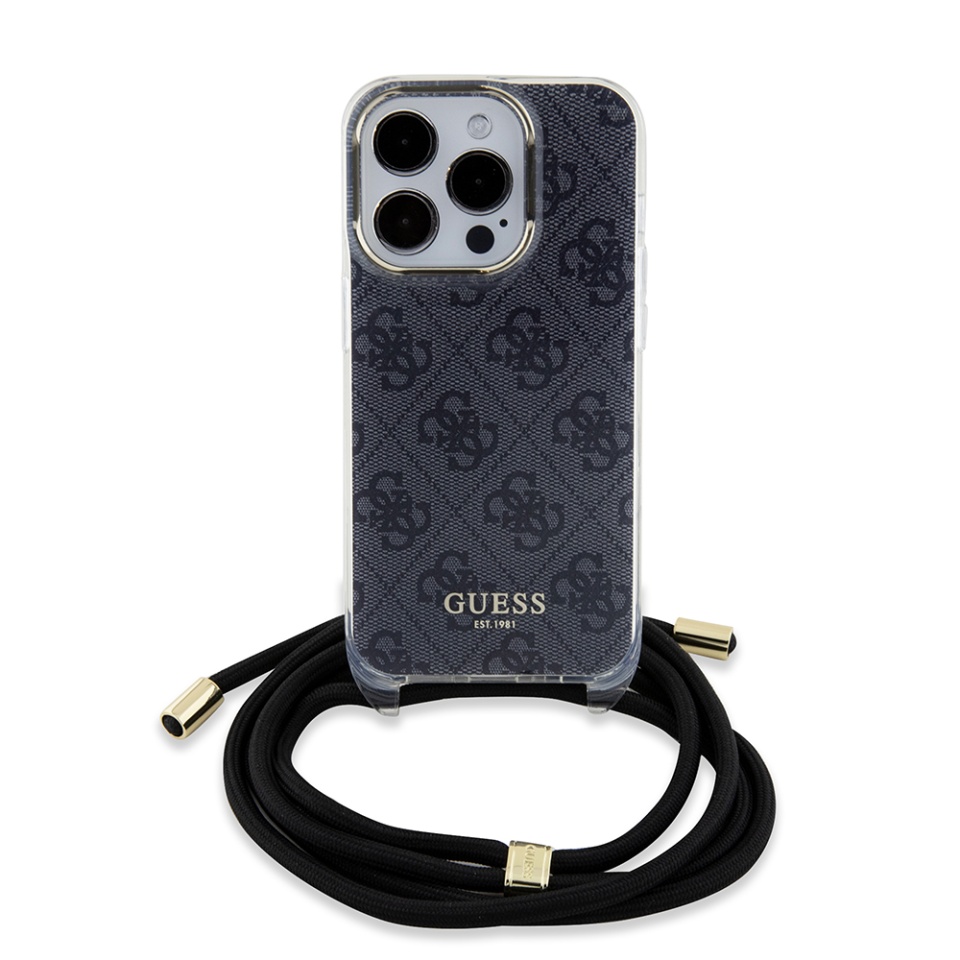 Husa pentru iPhone 15 Pro cu snur, Crossbody Cord 4G Print, Guess - Negru - 2 | YEO