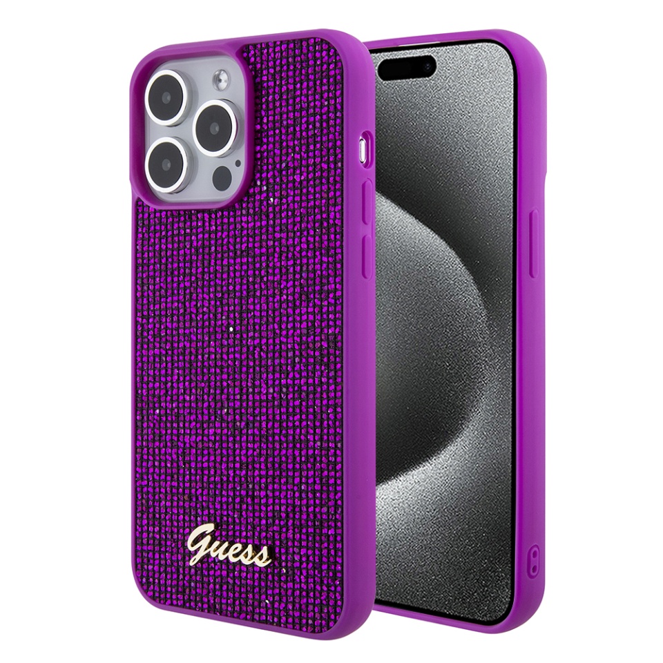 Husa pentru iPhone 15 Pro, Disco Metal Logo, Guess, Fucsia