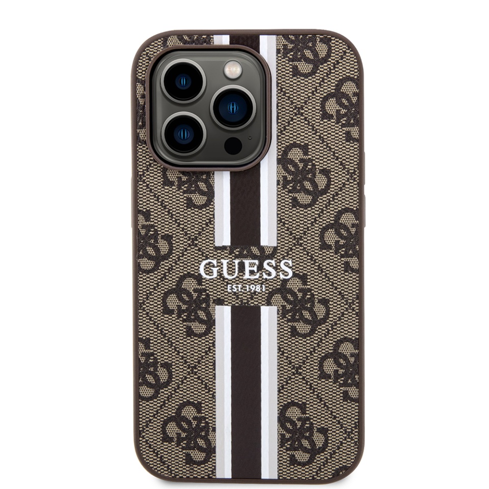 Husa pentru iPhone 15 Pro, Guess, Hardcase 4G Printed Stripes MagSafe, Maro - 1 | YEO
