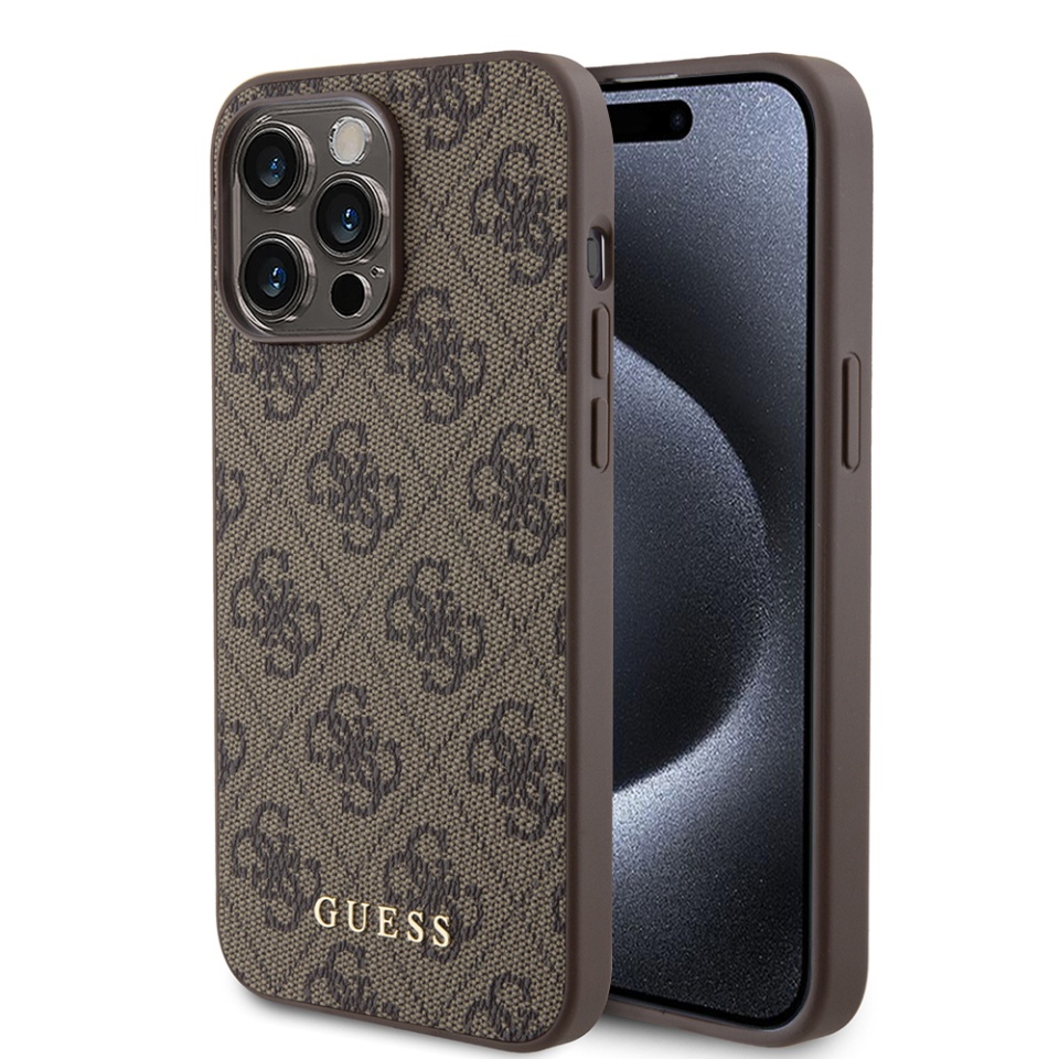 Husa pentru iPhone 15 Pro Max, Guess, Hardcase 4G Metal Gold Logo, Maro