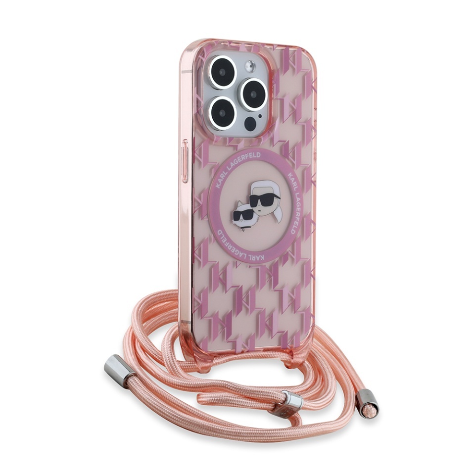 Husa pentru iPhone 15 Pro Max, Karl Lagerfeld, IML Crossbody MagSafe, Pink Monogram Karl&Choupette Head - 3 | YEO