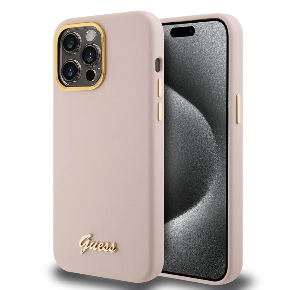 Husa pentru iPhone 15 Pro Max Silicone Script Metal Logo & Frame, Guess - Roz deschis