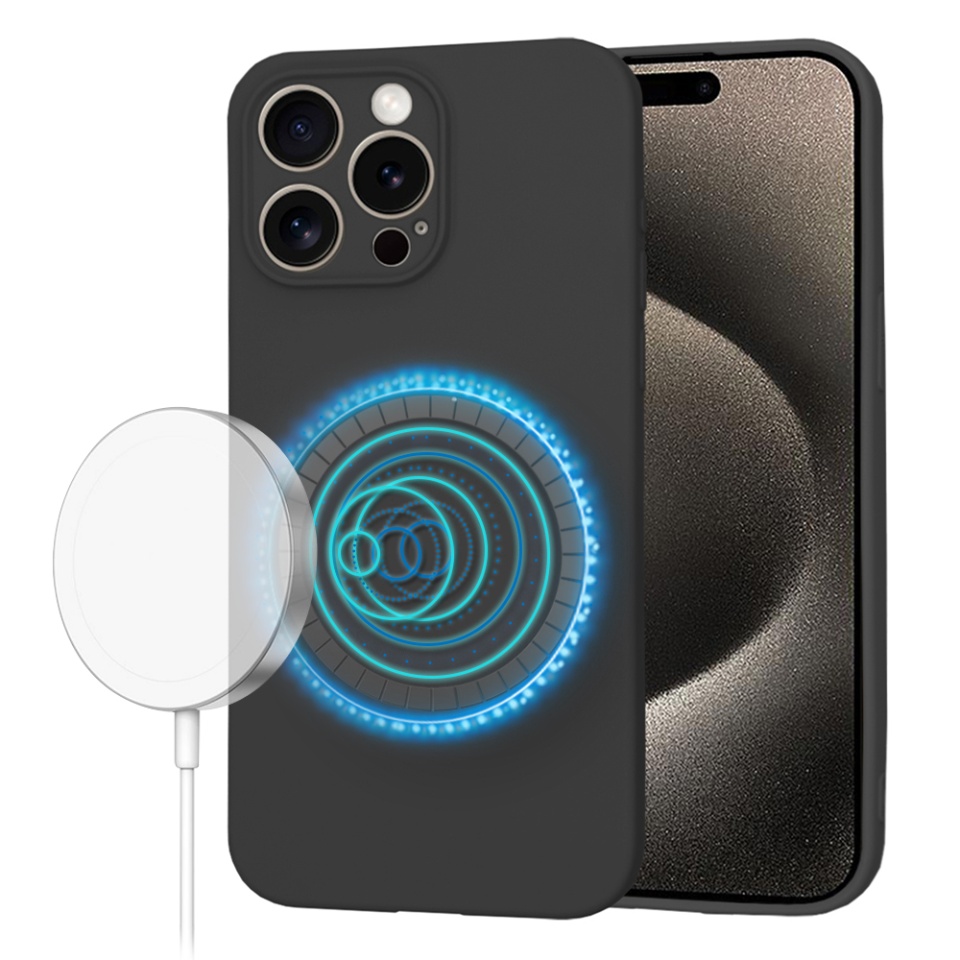Husa pentru iPhone 15 Pro Max, SKYDDAR INNOVATION, din Silicon Catifelat, SoftFlex Magsafe, Negru, set cu sticker