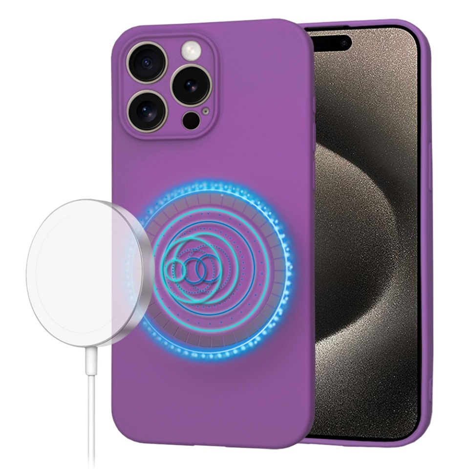 Husa pentru iPhone 15 Pro Max, SKYDDAR INNOVATION, din Silicon Catifelat, SoftFlex Magsafe, Mov, set cu sticker