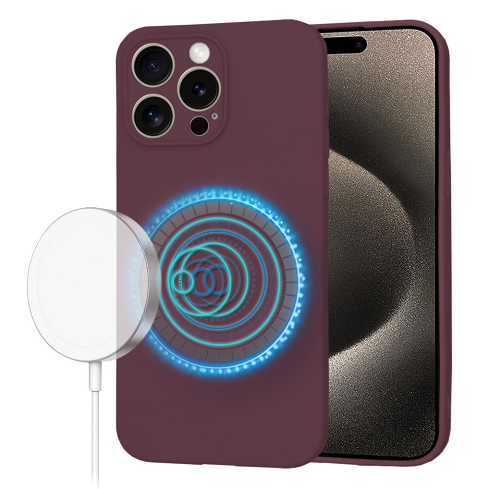 Husa pentru iPhone 15 Pro Max, SKYDDAR INNOVATION, din Silicon Catifelat, SoftFlex Magsafe, Bordo, set cu sticker
