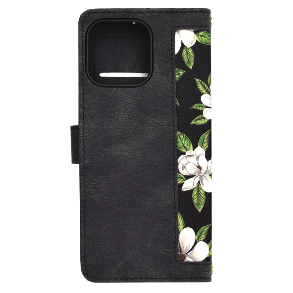 Husa pentru iPhone 15 Pro Max, SKYDDAR INNOVATION, Floral Wallet, din Piele Ecologică cu Design Floral, Protecție 360°, Stand Integrat, Buzunare pentru Carduri, Negru, set cu sticker - 2 | YEO