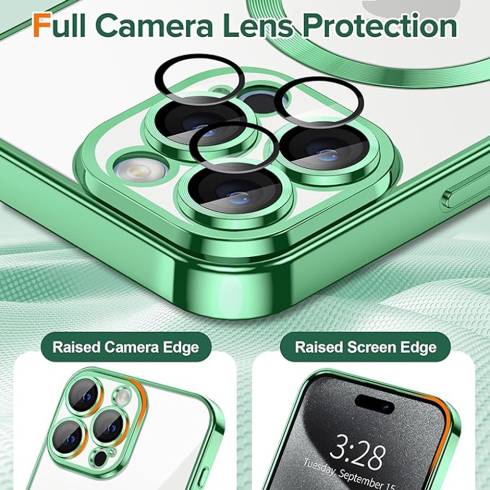 Husa pentru iPhone 15 Pro Max, SKYDDAR INNOVATION, Luxury Shield Magsafe, Protectie Antisoc, Verde deschis, set cu sticker - 2 | YEO