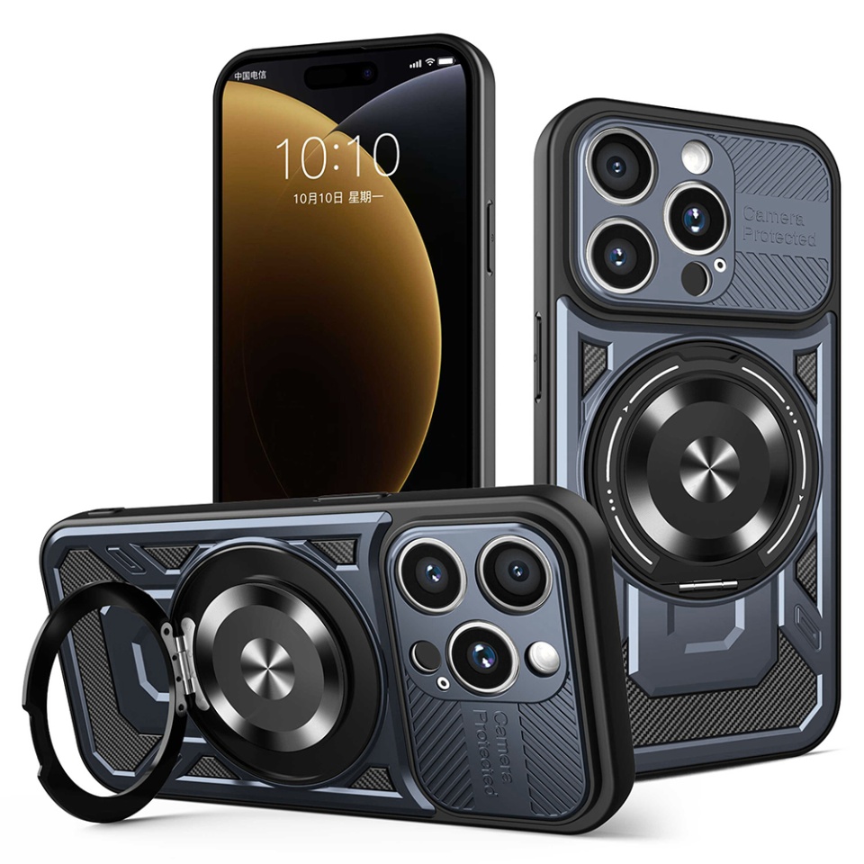 Husa pentru iPhone 15 Pro Max, SKYDDAR INNOVATION, RuggedCam, Inel magnetic antisoc, set cu sticker, Albastru