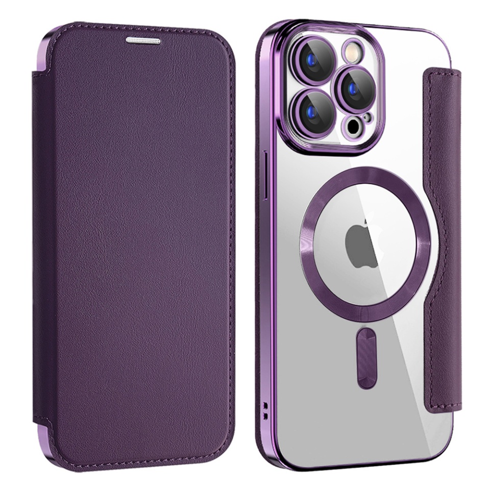 Husa pentru iPhone 15 Pro Max tip carte, SKYDDAR INOVATION, SmartMag Book, Magsafe, RFiD, Suport Carduri, set cu sticker, Mov - 1 | YEO