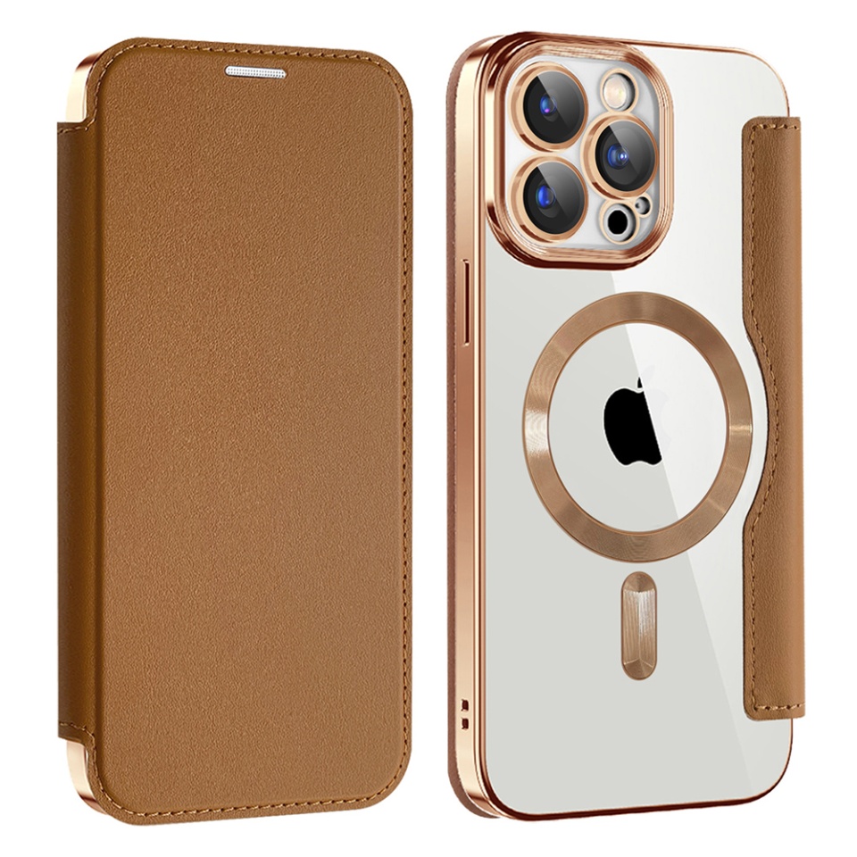 Husa pentru iPhone 15 Pro Max tip carte, SKYDDAR INOVATION, SmartMag Book, Magsafe, RFiD, Suport Carduri, set cu sticker, Maro - 1 | YEO