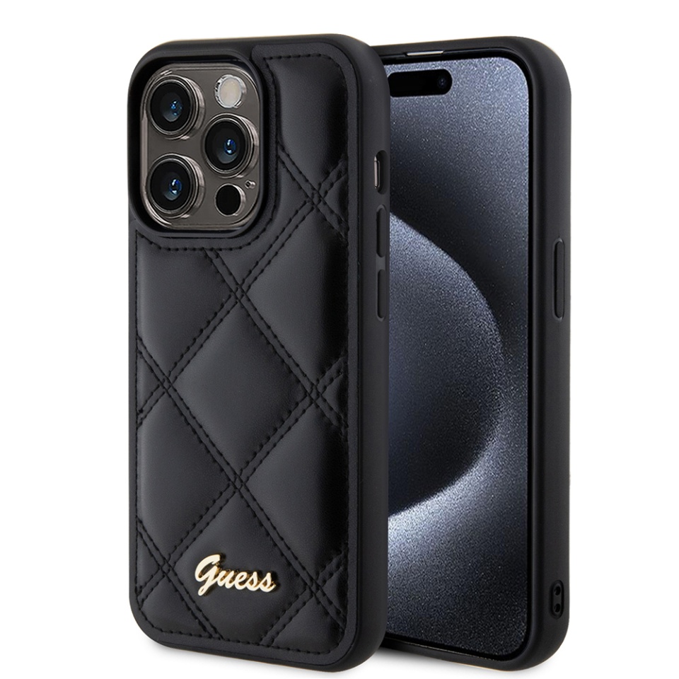 Husa pentru iPhone 15 Pro Quilted Metal Logo, Guess - Negru