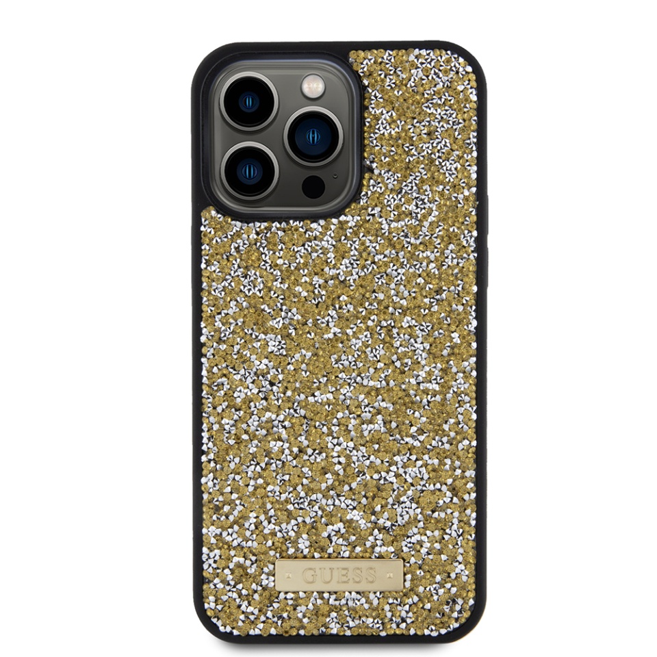 Husa pentru iPhone 15 Pro, Rhinestone Metal Logo, Guess, Galben - 1 | YEO
