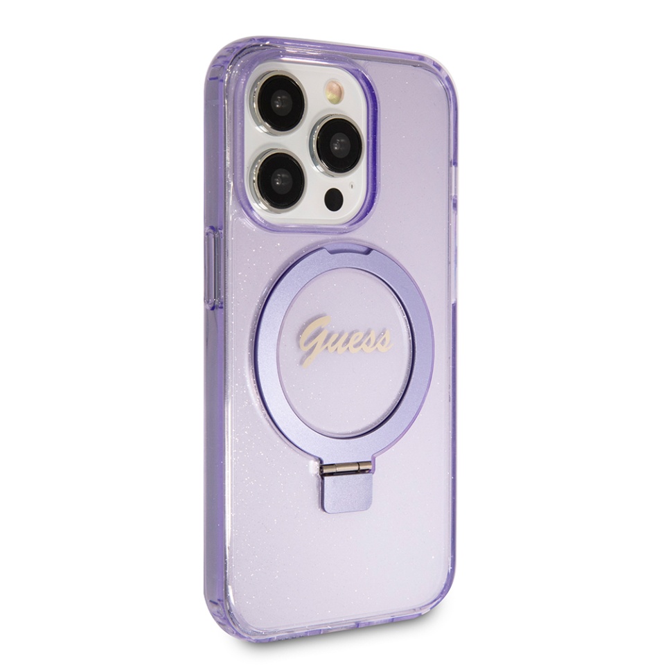 Husa pentru iPhone 15 Pro Ring Stand Script Glitter, Guess - Mov - 3 | YEO