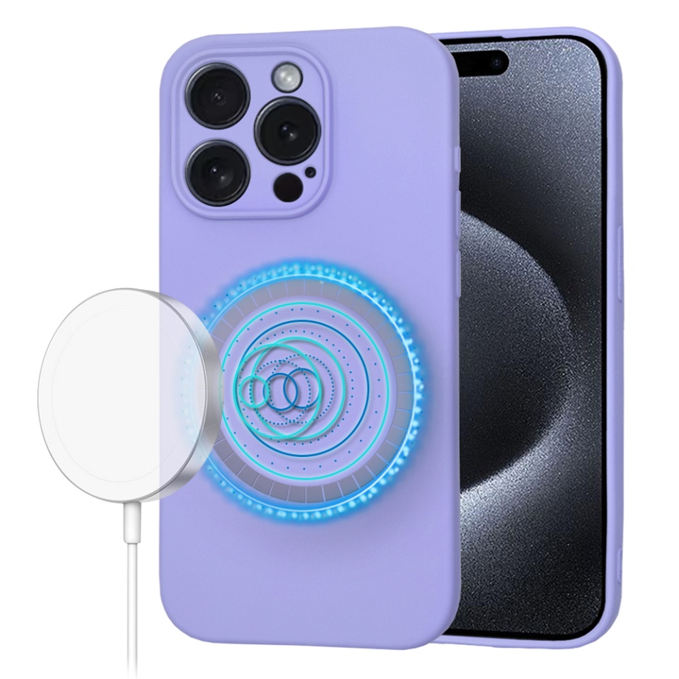 Husa pentru iPhone 15 Pro, SKYDDAR INNOVATION, din Silicon Catifelat, SoftFlex Magsafe, Violet, set cu sticker