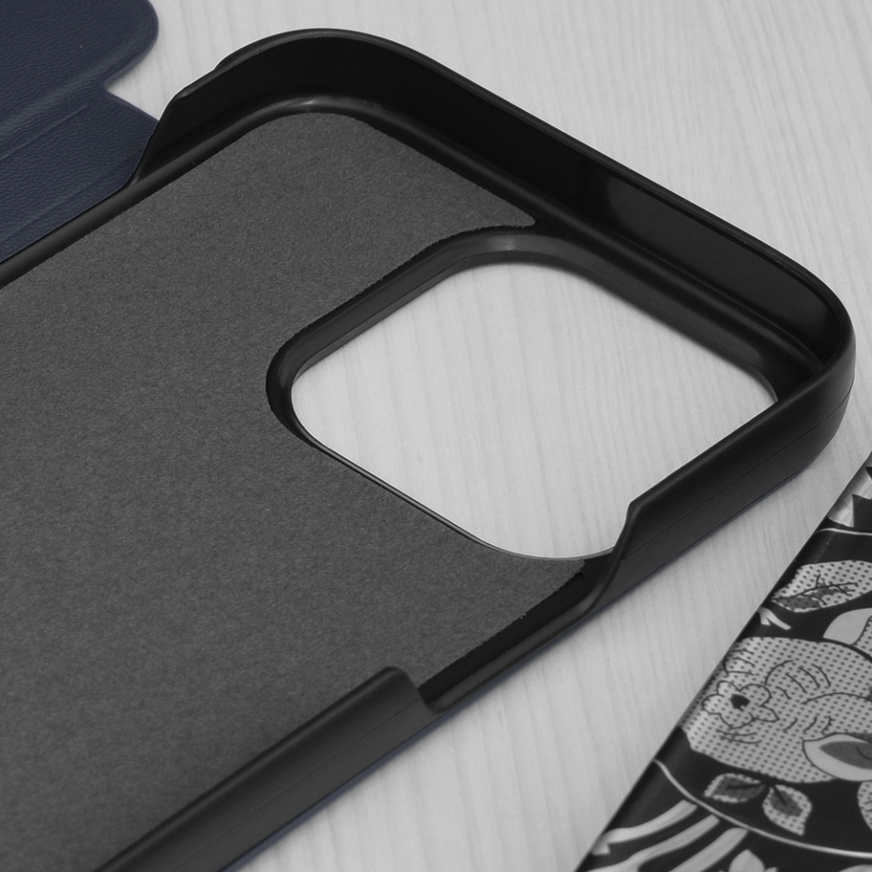 Husa pentru iPhone 15 Pro, SKYDDAR INNOVATION, eFold, tip carte, Albastru, set cu sticker - 2 | YEO