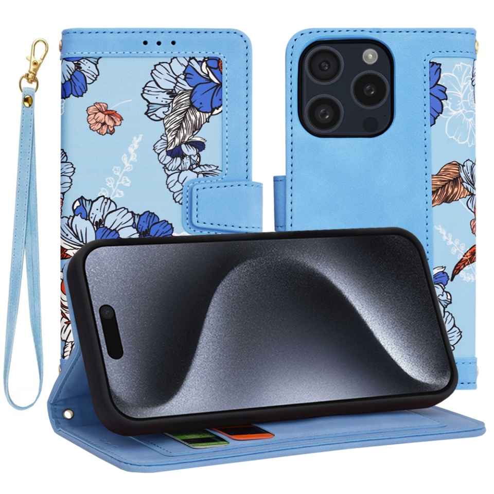 Husa pentru iPhone 15 Pro, SKYDDAR INNOVATION, Floral Wallet, din Piele Ecologică cu Design Floral, Protecție 360°, Stand Integrat, Buzunare pentru Carduri, Bleu, set cu sticker