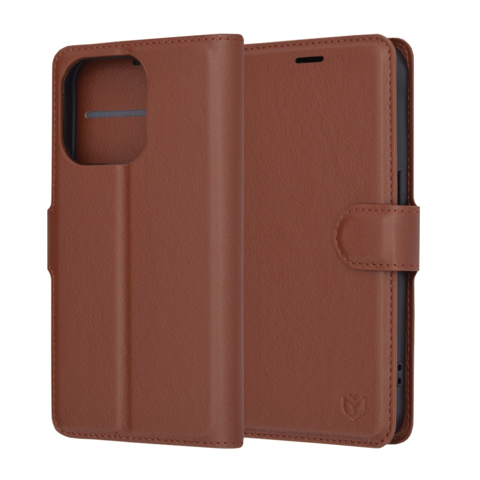 Husa pentru iPhone 15 Pro, SKYDDAR INNOVATION, Leather Folio, tip Carte, cu Portofel Interior, Finisaje Premium, Maro, set cu sticker