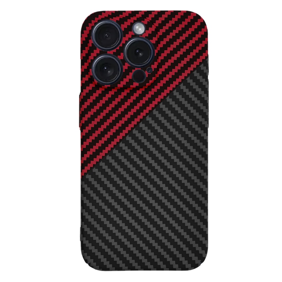 Husa pentru iPhone 15 Pro, SKYDDAR INNOVATION, textura carbon, Carbonite FiberShell, Rosu inchis, set cu sticker - 1 | YEO