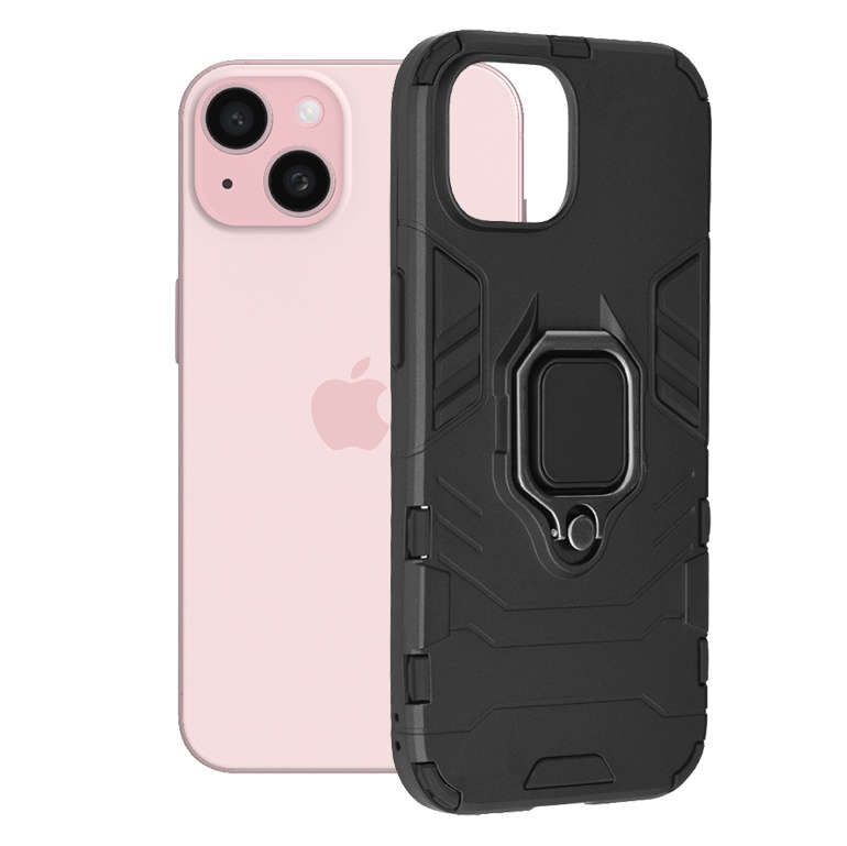 Husa pentru iPhone 15, SKYDDAR INNOVATION, cu Inel Magnetic, Antisoc, Forged, Negru, set cu sticker