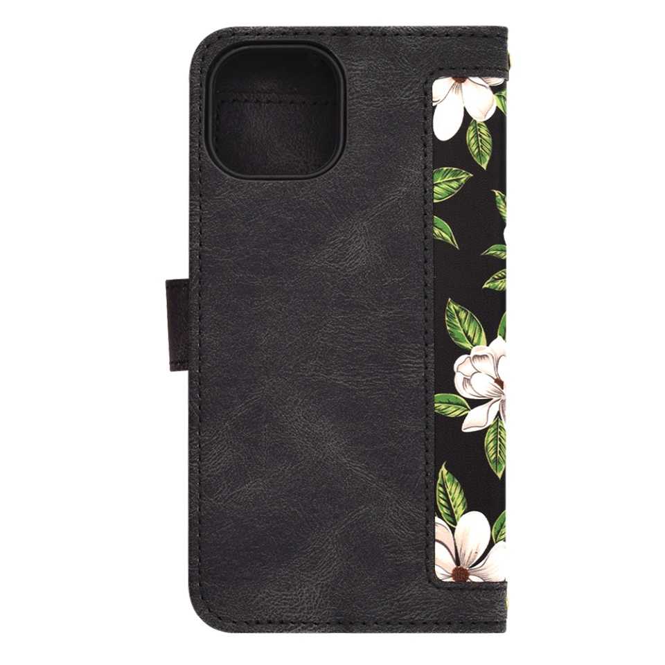 Husa pentru iPhone 15, SKYDDAR INNOVATION, Floral Wallet, din Piele Ecologică cu Design Floral, Protecție 360°, Stand Integrat, Buzunare pentru Carduri, Negru, set cu sticker - 2 | YEO