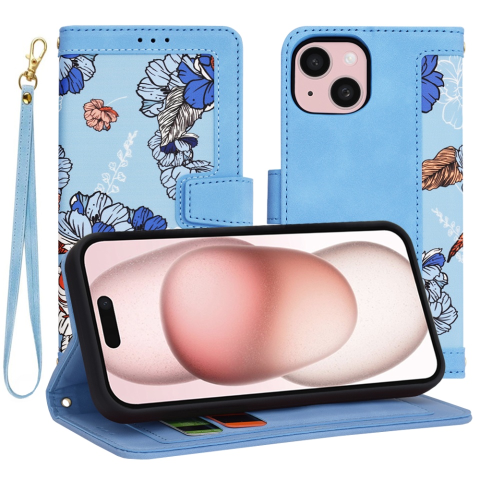 Husa pentru iPhone 15, SKYDDAR INNOVATION, Floral Wallet, din Piele Ecologică cu Design Floral, Protecție 360°, Stand Integrat, Buzunare pentru Carduri, Bleu, set cu sticker