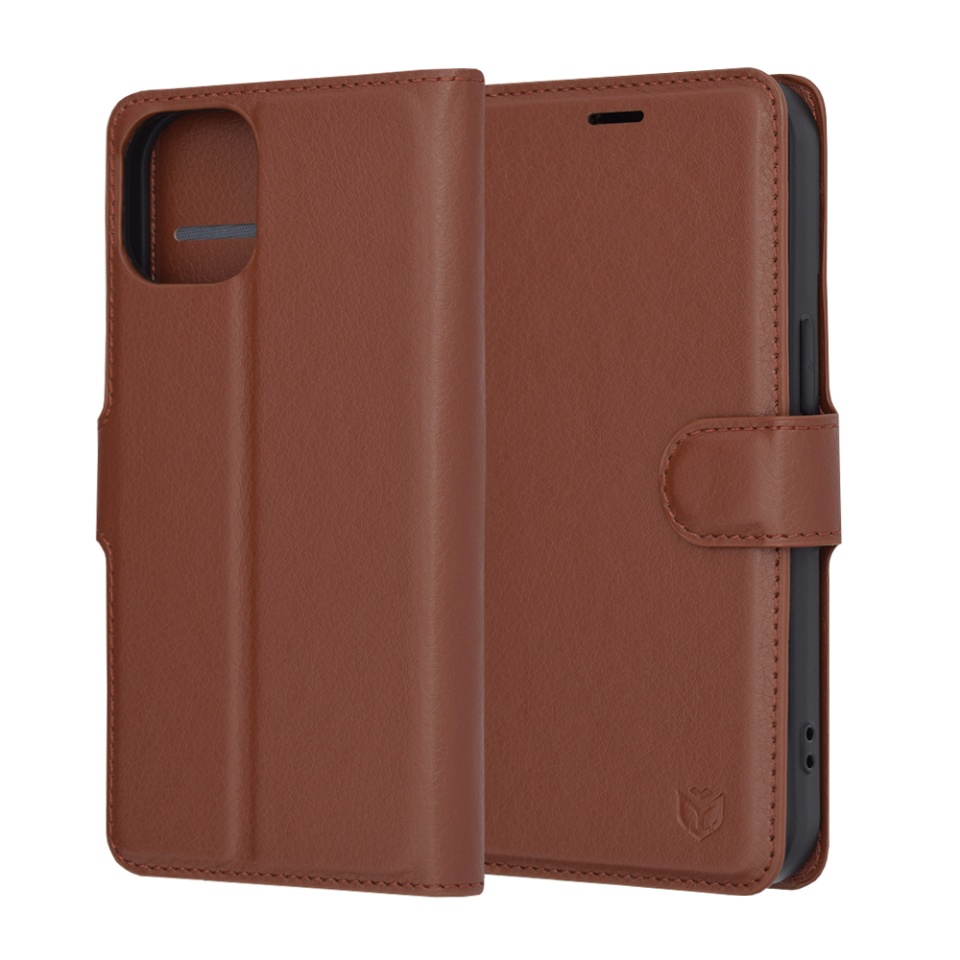 Husa pentru iPhone 15, SKYDDAR INNOVATION, Leather Folio, tip Carte, cu Portofel Interior, Finisaje Premium, Maro, set cu sticker