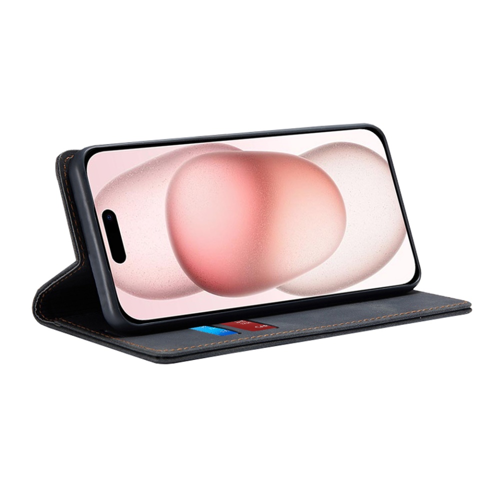 Husa pentru iPhone 15, SKYDDAR INNOVATION, Soft Wallet, tip Carte din piele Eco Premium, cu Portofel Interior, Negru, set cu sticker - 1 | YEO