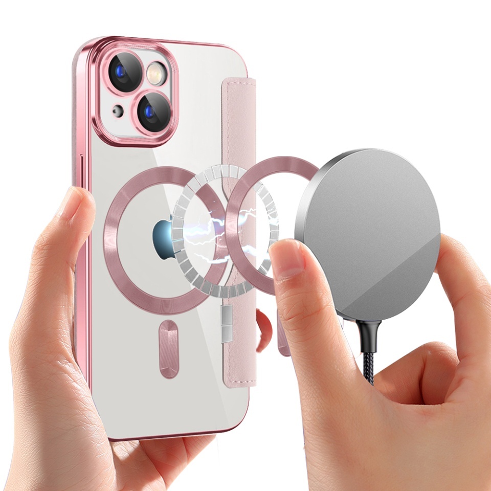 Husa pentru iPhone 15 tip carte, SKYDDAR INOVATION, SmartMag Book, Magsafe, RFiD, Suport Carduri, set cu sticker, Roz - 6