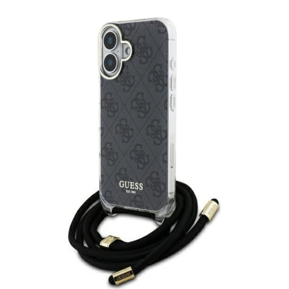 Husa pentru iPhone 16 cu snur, Crossbody Cord 4G Print, Guess - Negru