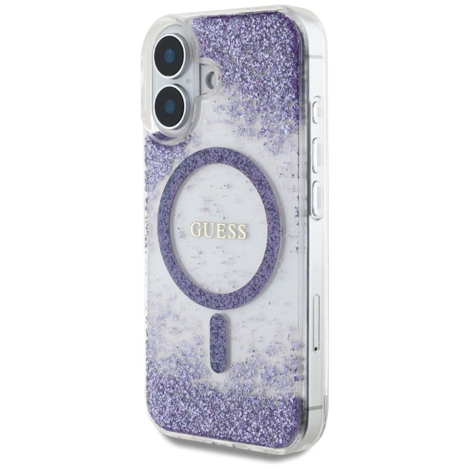 Husa pentru iPhone 16, Hardcase Resin Bottom Glitter MagSafe, Guess - Mov - 1 | YEO