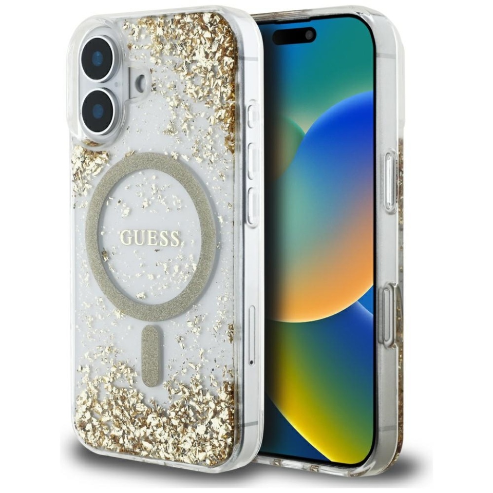 Husa pentru iPhone 16, Hardcase Resin Bottom Glitter MagSafe, Guess - Auriu