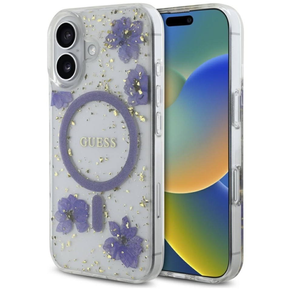 Husa pentru iPhone 16, Hardcase Resin Flowers and Glitter MagSafe, Guess - Mov