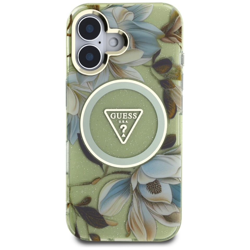 Husa pentru iPhone 16, IML Flowers with Pearl Strap MagSafe, Guess - Verde - 1 | YEO