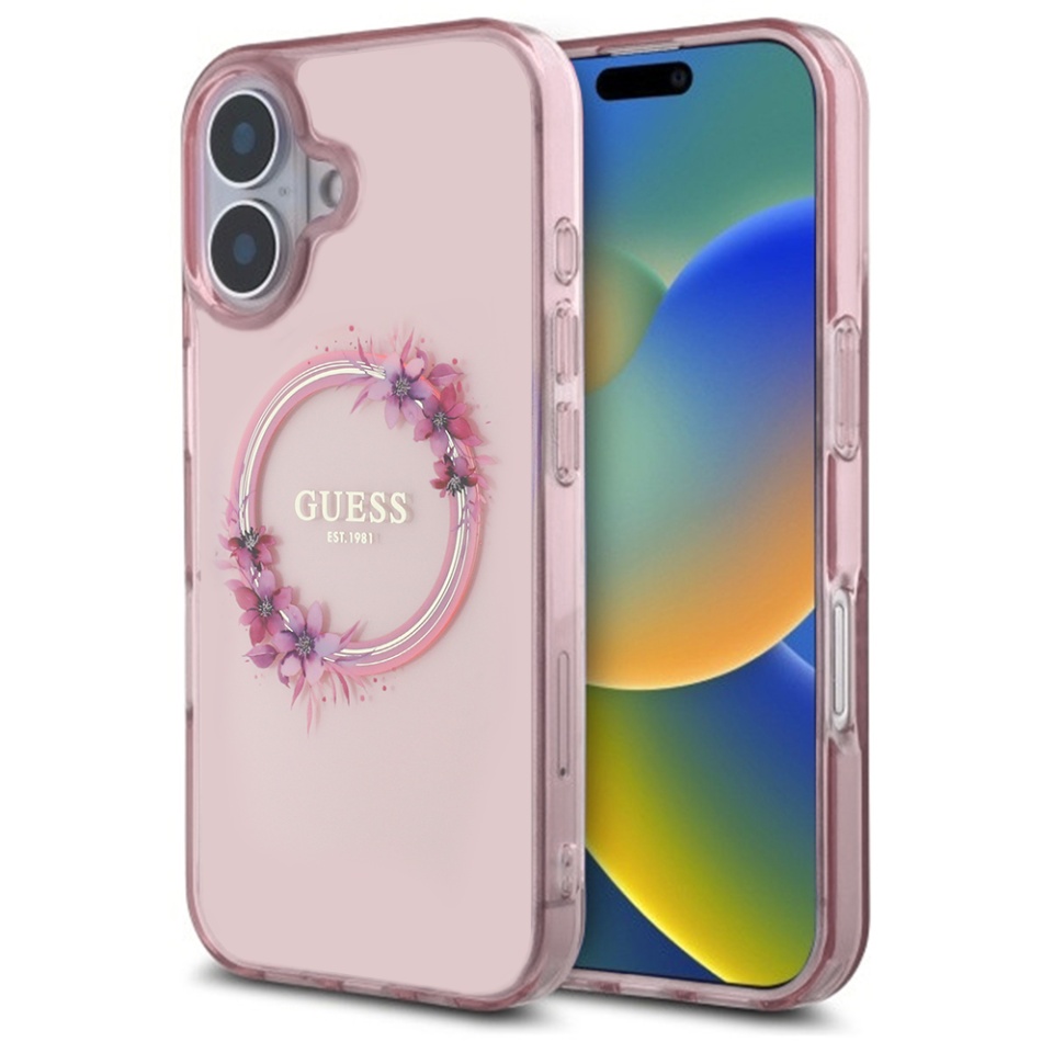 Husa pentru iPhone 16, IML Flowers Wreath MagSafe, Guess - Roz