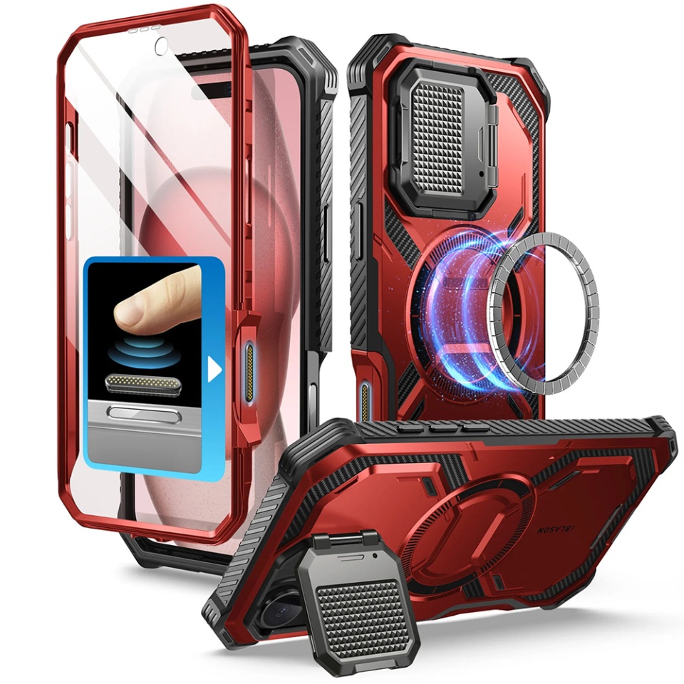 Husa pentru iPhone 16, Kickstand, AntiSock, I-Blason Armorbox - Rosu