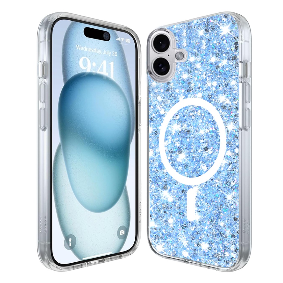 Husa pentru iPhone 16 Plus din Silicon cu Sclipici, Fundal Detasabil, Protectie Completa, SKDR SparkleCase - Bleu