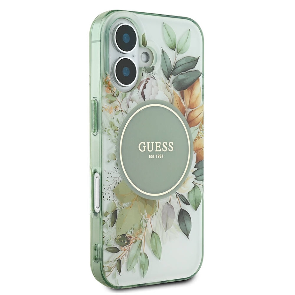 Husa pentru iPhone 16 Plus, IML Flowers with Pearl Strap MagSafe, Guess - Verde - 3 | YEO