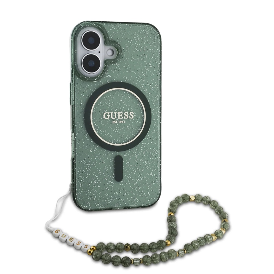 Husa pentru iPhone 16 Plus, IML Glitter with Pearl Strap MagSafe, Guess - Verde