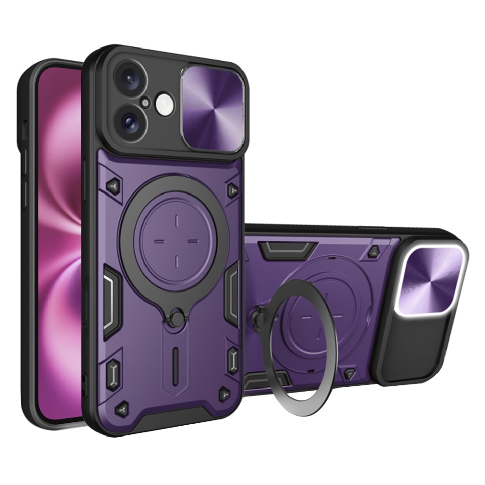 Husa pentru iPhone 16 Plus, SKYDDAR INNOVATION, CamGuard Pro, Inel Magnetic, Protectie Camera, Mov, set cu sticker