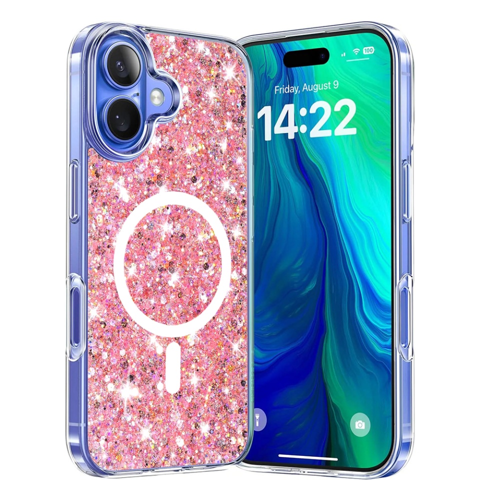 Husa pentru iPhone 16 Plus, SKYDDAR INNOVATION, SparkleCase, din Silicon cu Sclipici, Protectie Completa, set cu sticker, Roz