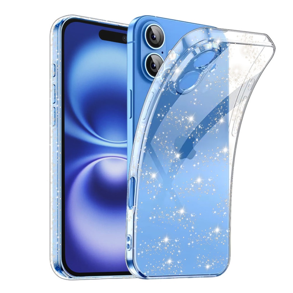 Husa pentru iPhone 16 Plus, SKYDDAR INNOVATION, SparkleSkin din Silicon TPU cu Sclipici, Design Elegant, Transparenta, set cu sticker
