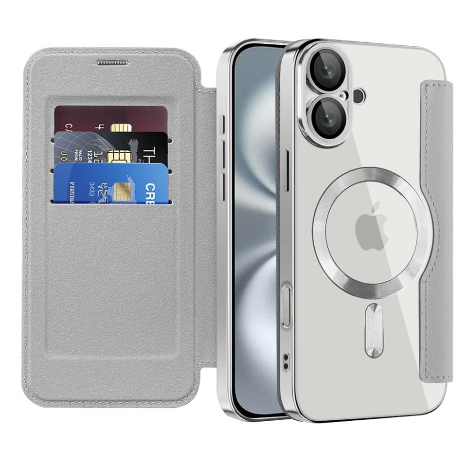 Husa pentru iPhone 16 Plus tip carte, SKYDDAR INOVATION, SmartMag Book, Magsafe, RFiD, Suport Carduri, set cu sticker, Gri
