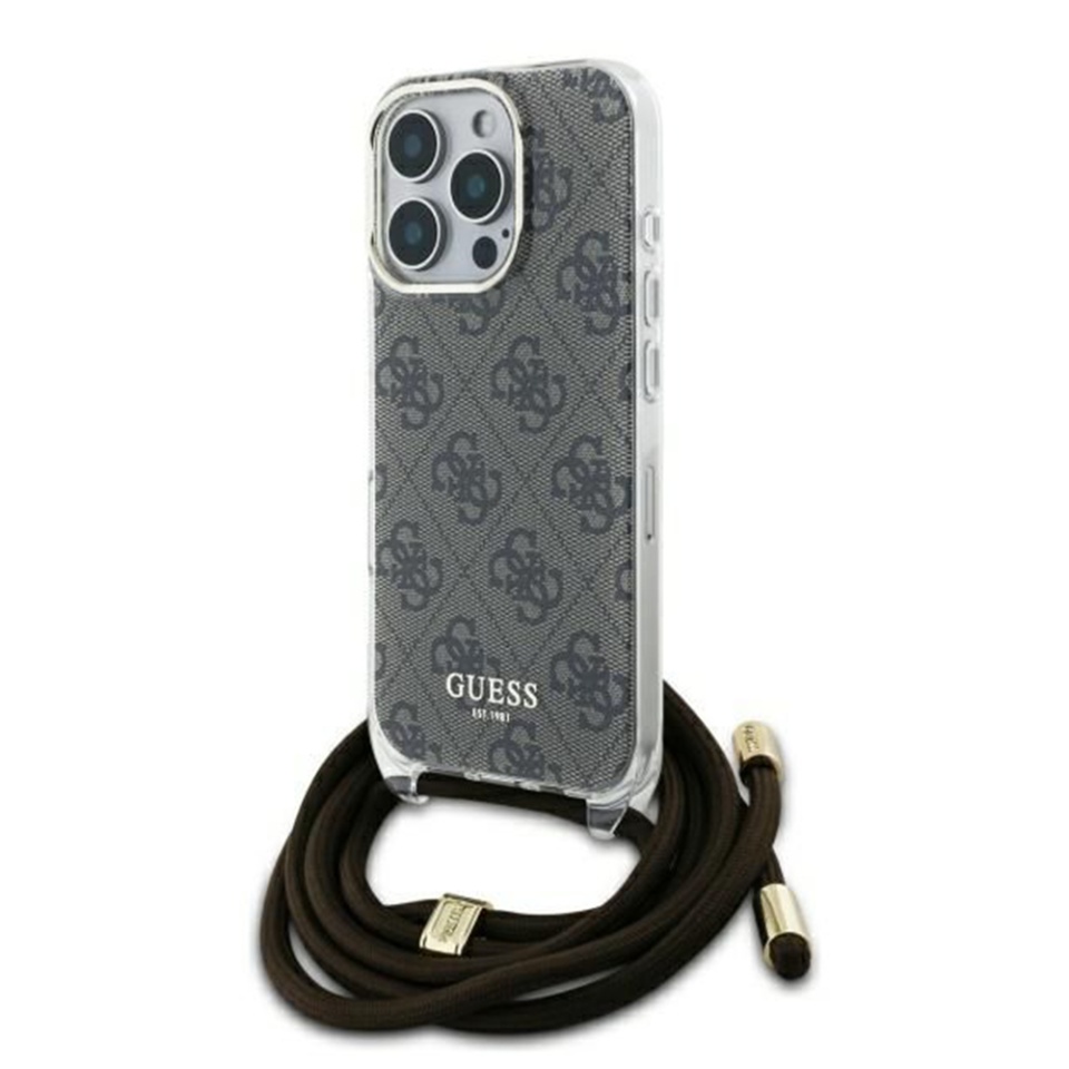 Husa pentru iPhone 16 Pro cu snur, Crossbody Cord 4G Print, Guess - Maro