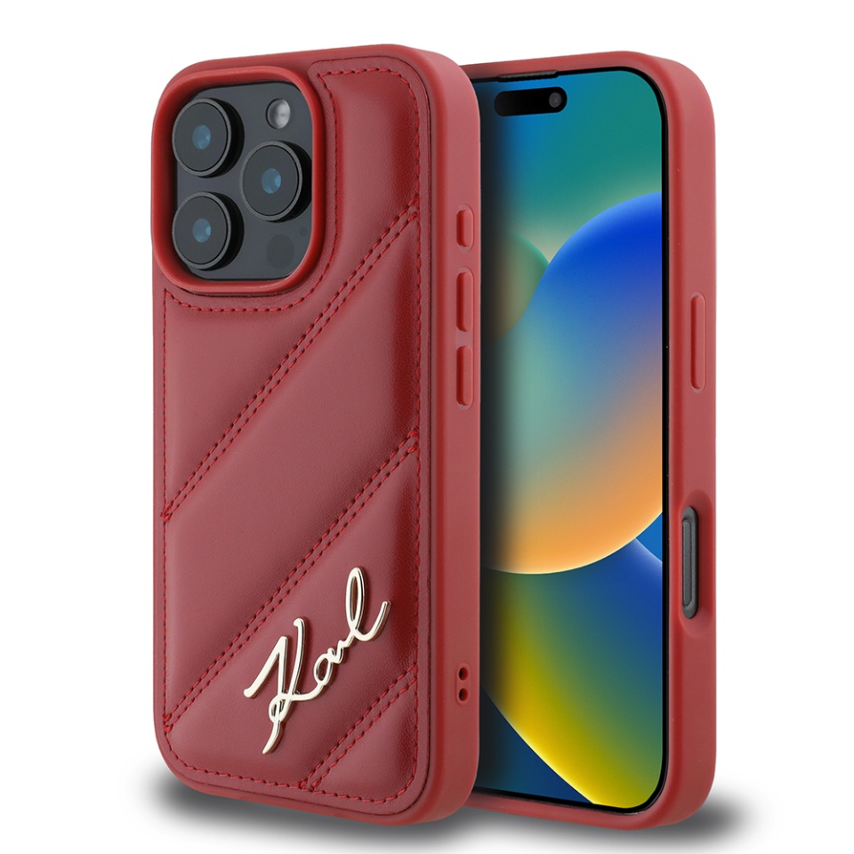 Husa pentru iPhone 16 Pro, Diagonal Quilted Script, Karl Lagerfeld - Rosu