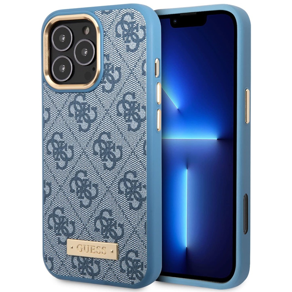 Husa pentru iPhone 16 Pro, Guess, Hardcase 4G Logo Plate MagSafe, Albastru